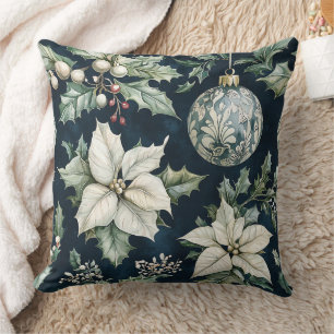 Navy Blue White Poinsettia Holly Christmas Cushion