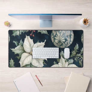 Navy Blue White Poinsettia Holly Christmas Desk Mat