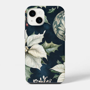 Navy Blue White Poinsettia Holly Christmas iPhone 14 Case