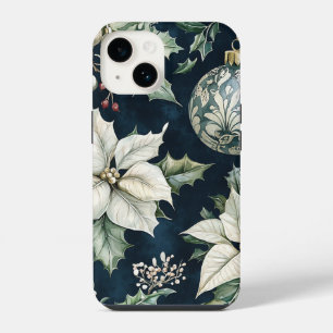Navy Blue White Poinsettia Holly Christmas iPhone 14 Case