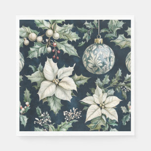 Navy Blue White Poinsettia Holly Christmas Napkin