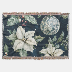 Navy Blue White Poinsettia Holly Christmas Throw Blanket