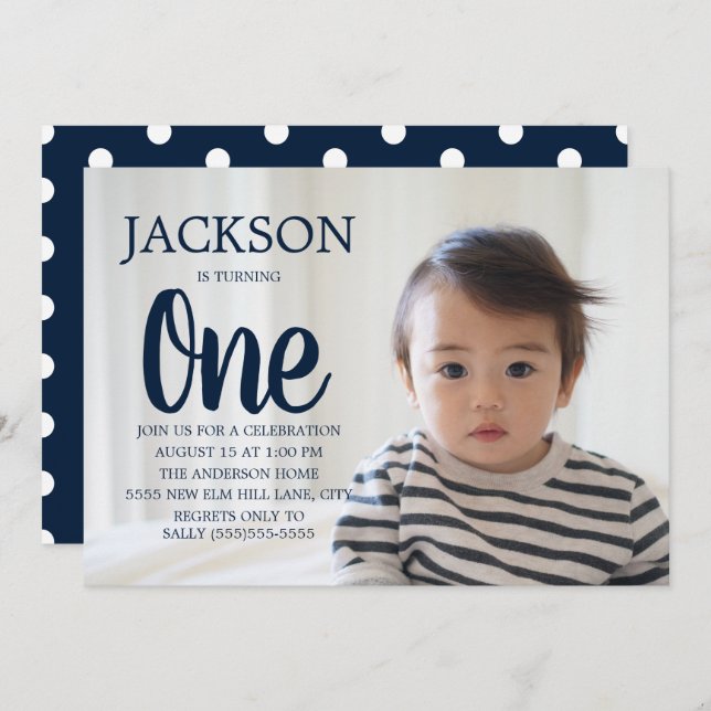 Navy Blue White Polka Dot Child's 1st Birthday Invitation (Front/Back)