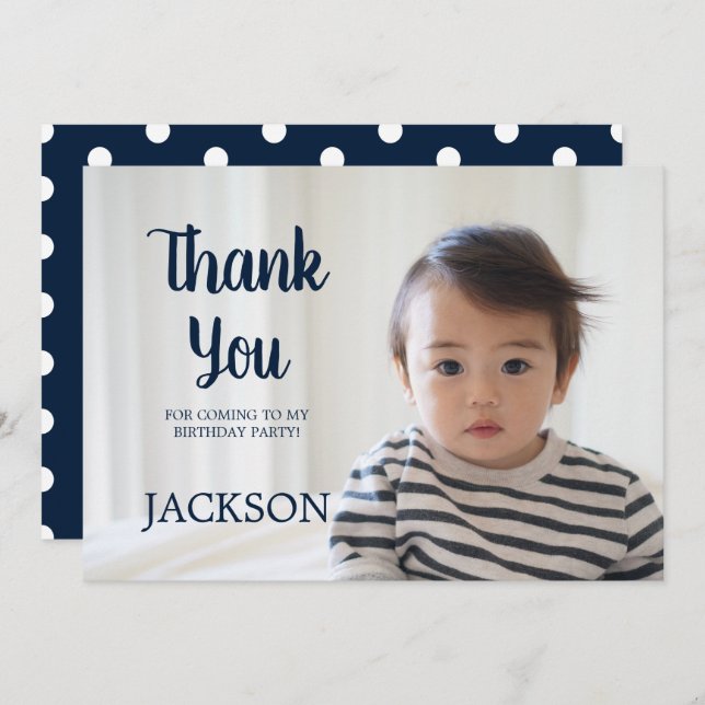 Navy Blue White Polka Dot Child's Birthday Thank Invitation (Front/Back)