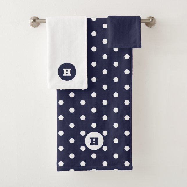Navy Blue White Polka Dot Monogram Bath Towel Set (Insitu)