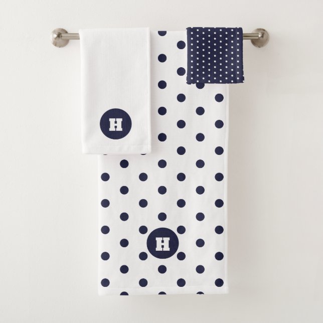 Navy Blue White Polka Dot Monogram Bath Towel Set (Insitu)