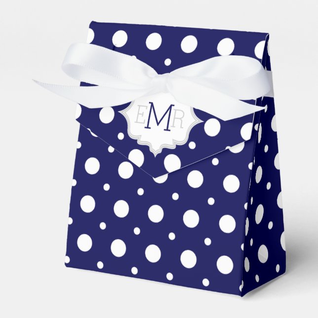 Navy blue white polka dot pattern monogram wedding favour box (Front Side)