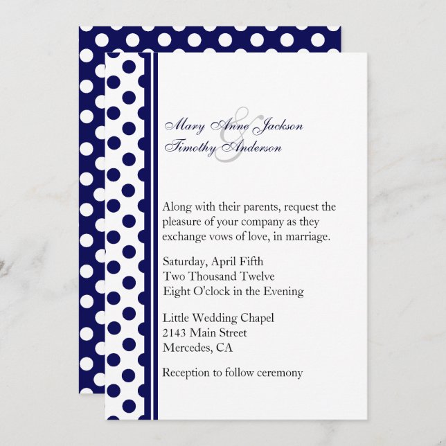 Navy Blue & White Polka Dot Wedding Invitation (Front/Back)