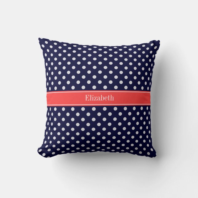Navy Blue White Polka Dots Coral Name Monogram Cushion (Front)