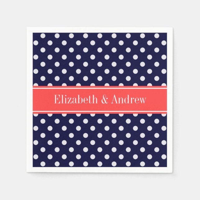 Navy Blue White Polka Dots Coral Name Monogram Napkin (Front)