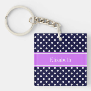 Navy Blue White Polka Dots Lilac Name Monogram Key Ring
