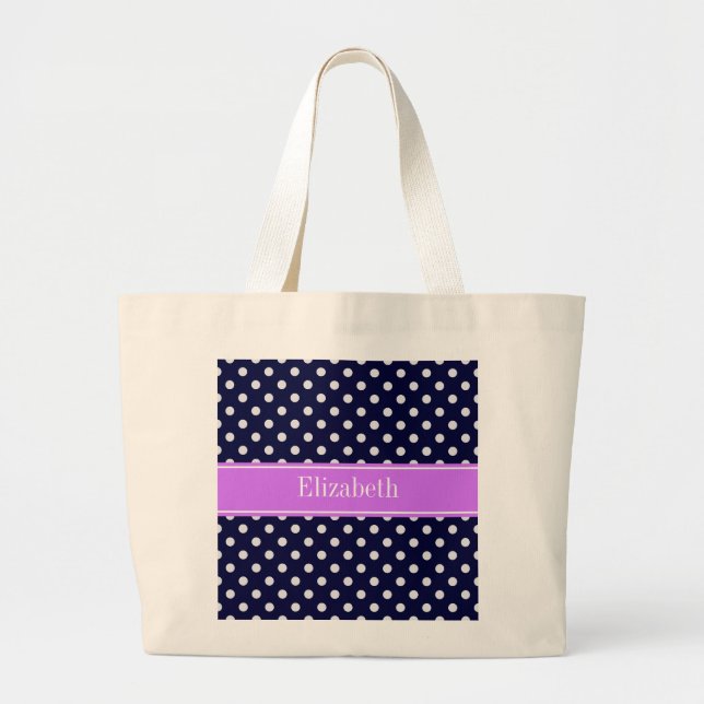 Navy Blue White Polka Dots Lilac Name Monogram Large Tote Bag (Front)