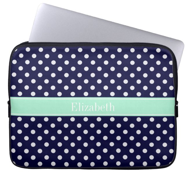 Navy Blue White Polka Dots Mint Name Monogram Laptop Sleeve (Front)