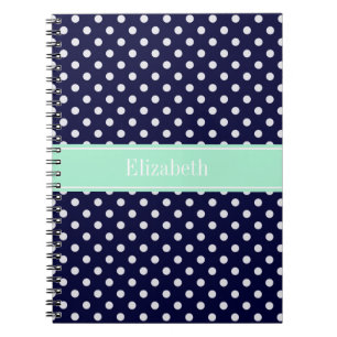 Navy Blue White Polka Dots Mint Name Monogram Notebook