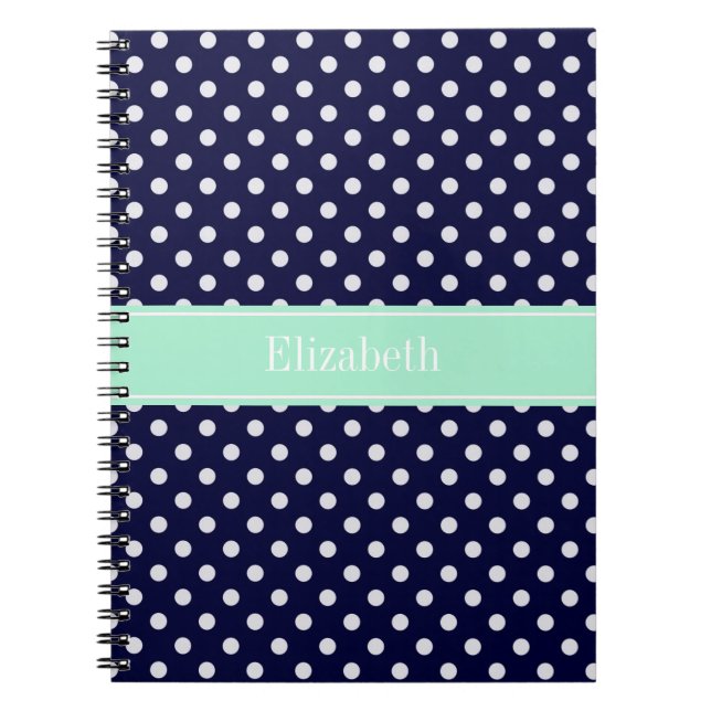 Navy Blue White Polka Dots Mint Name Monogram Notebook (Front)
