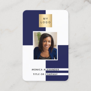 Navy blue white profile photo corporate QR code Business Card