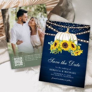 Navy Blue White Pumpkin Sunflowers Wedding Photo Save The Date