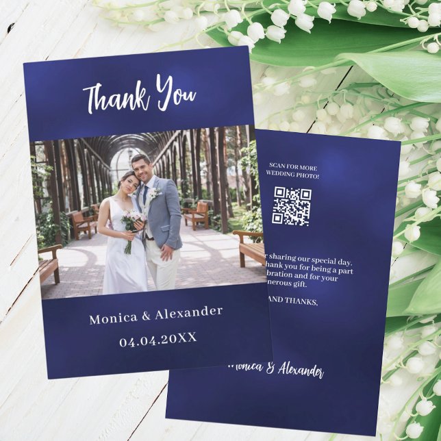 Navy blue white QR wedding photo thank you card (Creator Uploaded)