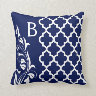 Navy Blue & White Quatrefoil Monogram Floral Cushion