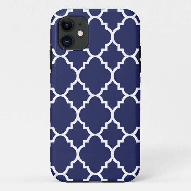 Navy Blue White Quatrefoil Moroccan Pattern Case-Mate iPhone Case (Back)