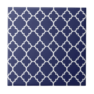 Navy Blue White Quatrefoil Moroccan Pattern Ceramic Tile
