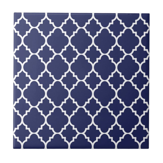 Navy Blue White Quatrefoil Moroccan Pattern Ceramic Tile (Front)