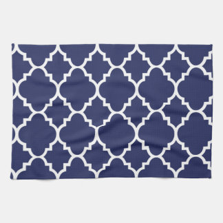 Navy Blue White Quatrefoil Moroccan Pattern Tea Towel