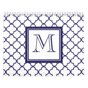 Navy Blue, White Quatrefoil   Your Monogram Calendar