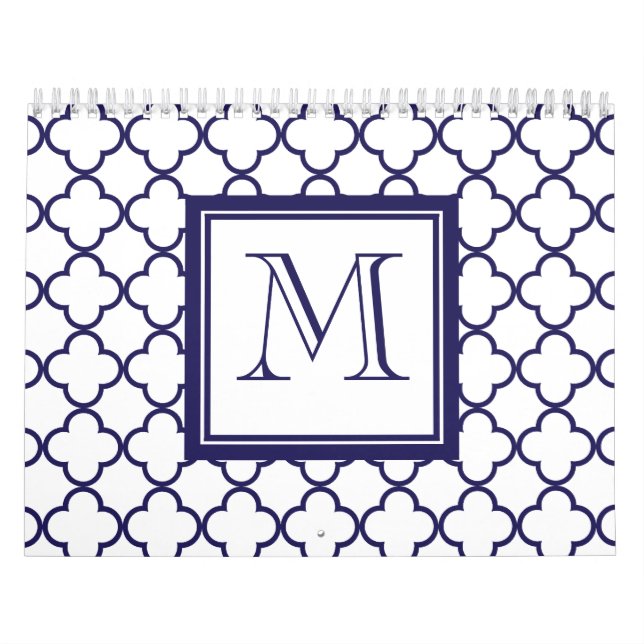 Navy Blue, White Quatrefoil | Your Monogram Calendar (Cover)