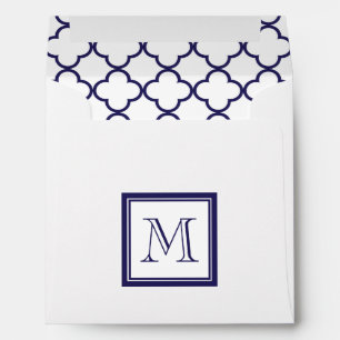 Navy Blue, White Quatrefoil   Your Monogram Envelopes