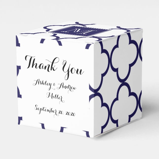 Navy Blue, White Quatrefoil | Your Monogram Favour Box (Front Side)