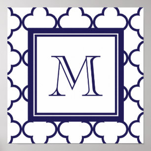 Navy Blue, White Quatrefoil   Your Monogram Poster
