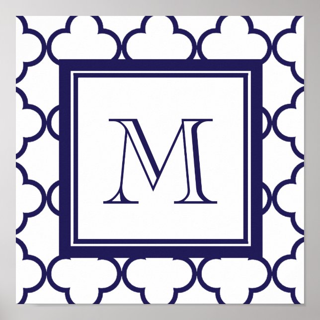 Navy Blue, White Quatrefoil | Your Monogram Poster (Front)
