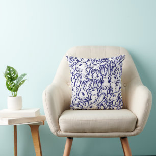 Navy Blue White Rabbit Bunny Drawing Cute Unique Cushion