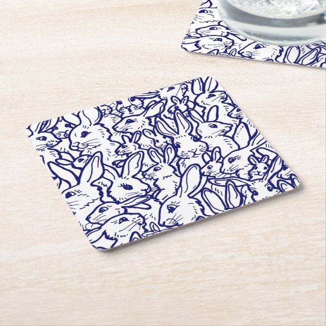 Navy Blue White Rabbit Bunny Drawing Cute Unique Square Paper Coaster (Angled)