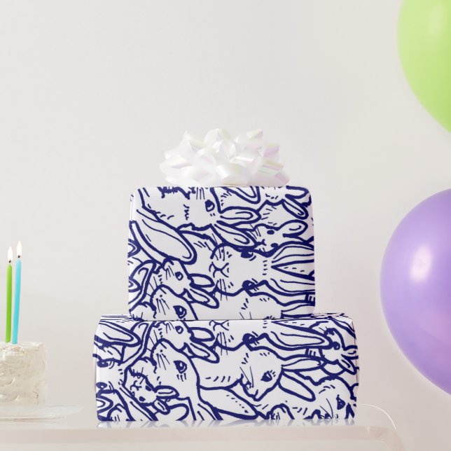 Navy Blue White Rabbit Bunny Large Pattern  Wrapping Paper (Party Gifts)
