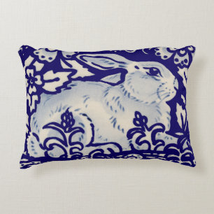 Navy Blue & White Rabbit Floral Dedham Delft Decorative Cushion