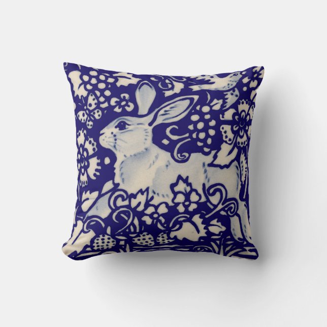 Navy Blue White Rabbit Hare Bird Chinoiserie Art Cushion (Front)