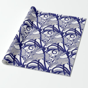 Navy Blue White Rabbit Hare Bunny Art Deco Scroll Wrapping Paper