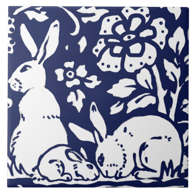 Navy Blue White Rabbit Hare Woodland Animal Trivet (Front)