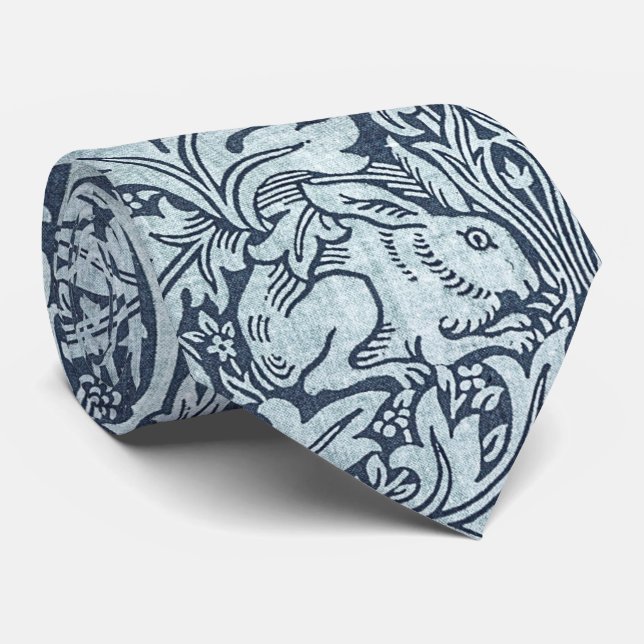 Navy Blue White Rabbit William Morris Neck Tie (Rolled)
