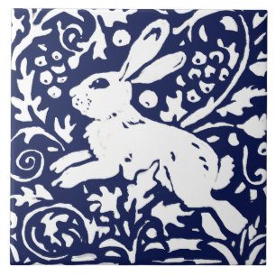 Navy Blue White Rabbit Woodland Animal Foliage Ceramic Tile
