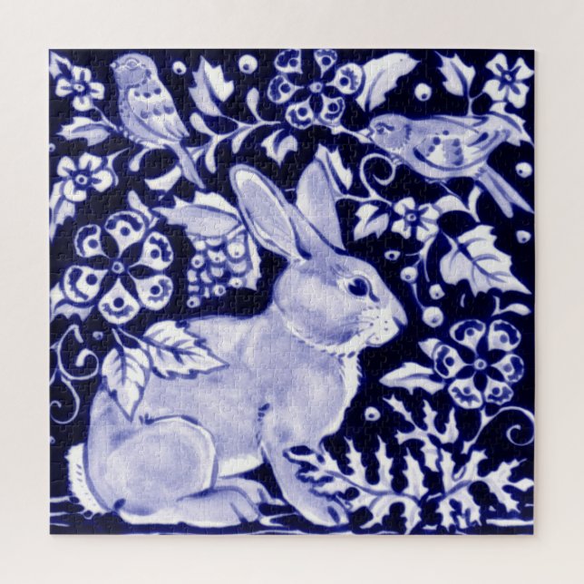 Navy Blue White Rabbit Woodland Elegant Animal Art Jigsaw Puzzle (Vertical)