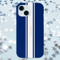 Navy Blue White Racing Stripes Gold Monogrammed