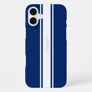 Navy Blue White Racing Stripes Gold Monogrammed iPhone 16 Plus Case