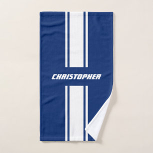 Navy Blue White Racing Stripes Monogram Mens Boys Bath Towel Set