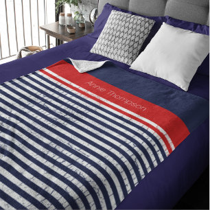 navy blue, white red stripes with elegant name fleece blanket