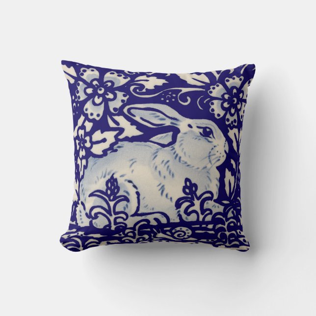 Navy Blue White Resting Rabbit Hare Chinoiserie Cushion (Front)