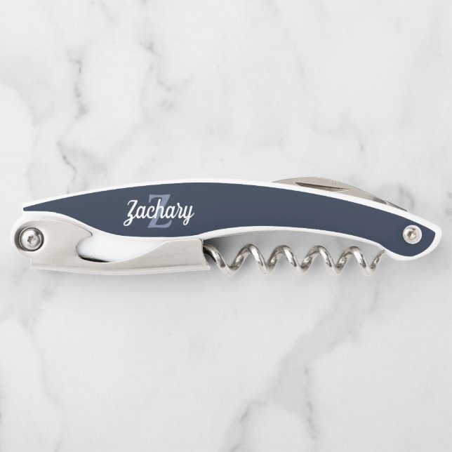 Navy Blue White Retro Monogram Personalised Corkscrew (Front)