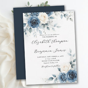 Navy Blue White Romantic Watercolor Floral Wedding Invitation